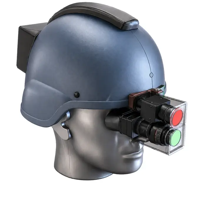 Rendering of a helmet-mounted military system designed for enhanced visual display in military applications and aviation.