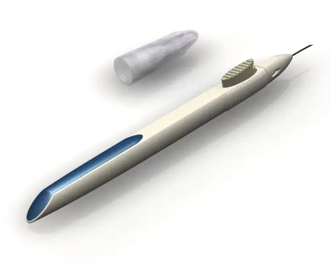 Image of a minimally invasive ocular drug delivery medical device for eye diseases.